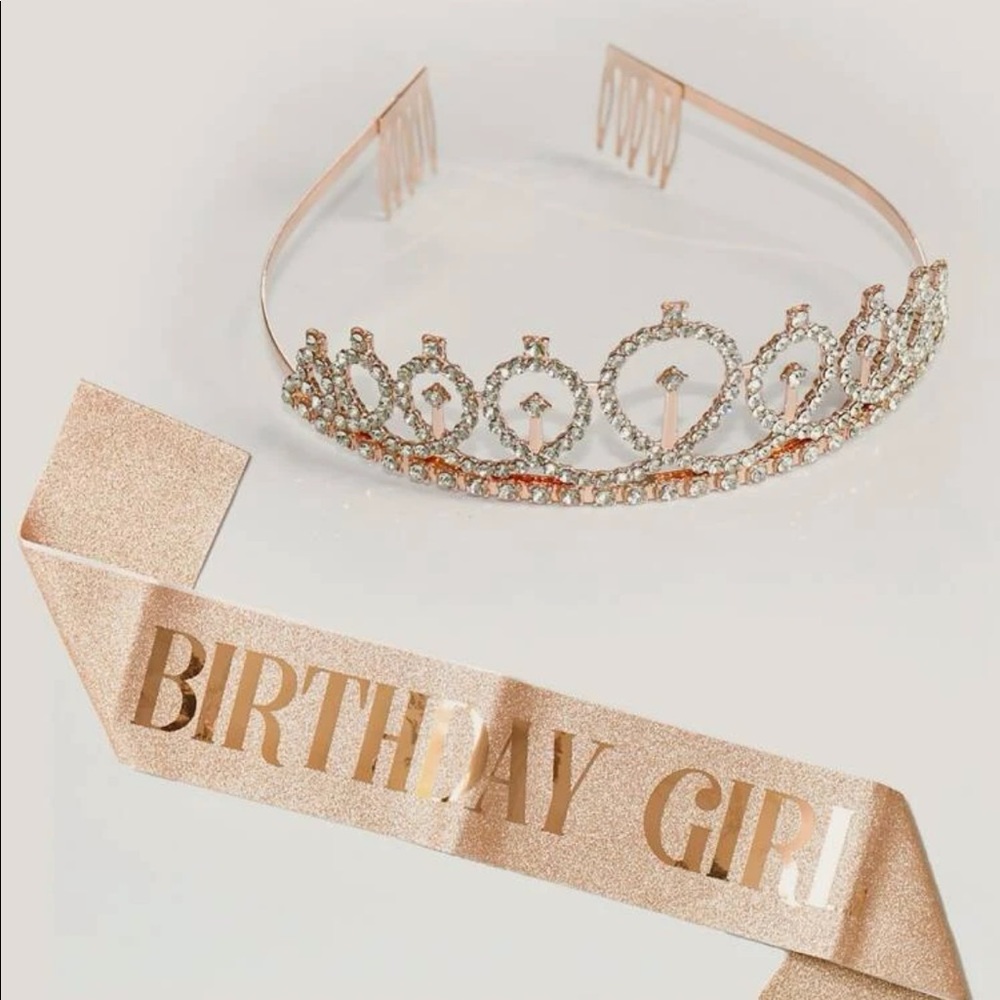 NWOT Birthday sash and tiara in Rose Gold/Champagne color